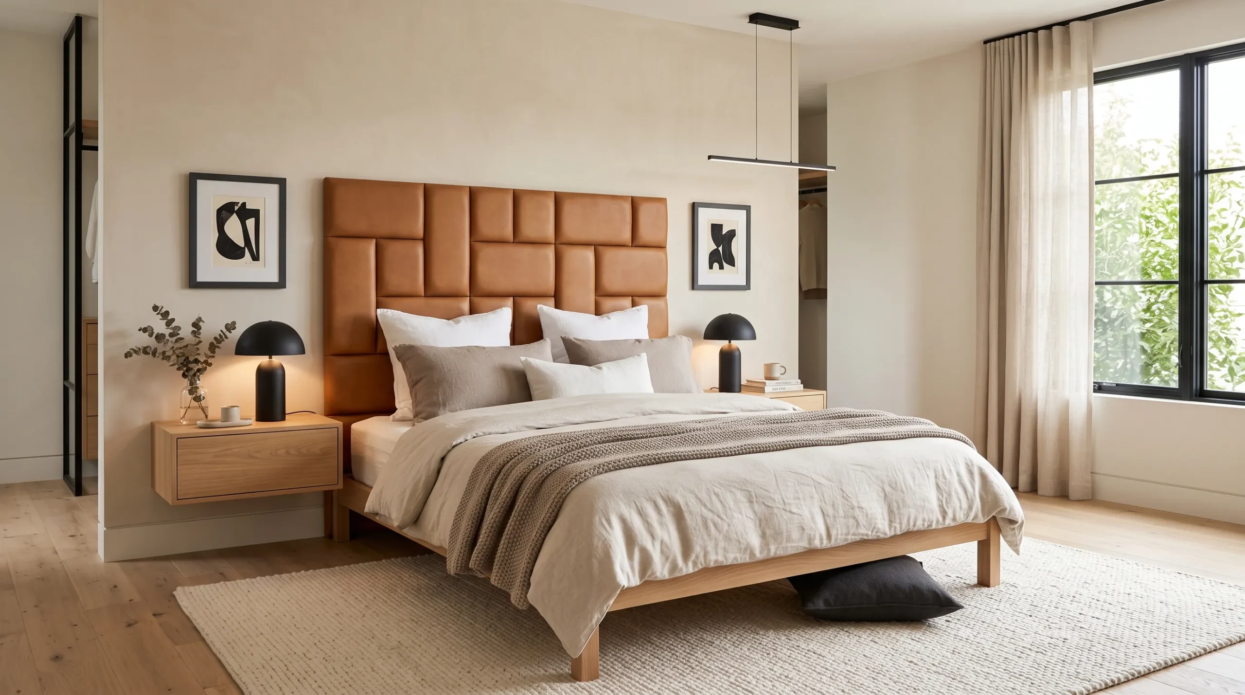 caramel leather cushion headboard panels