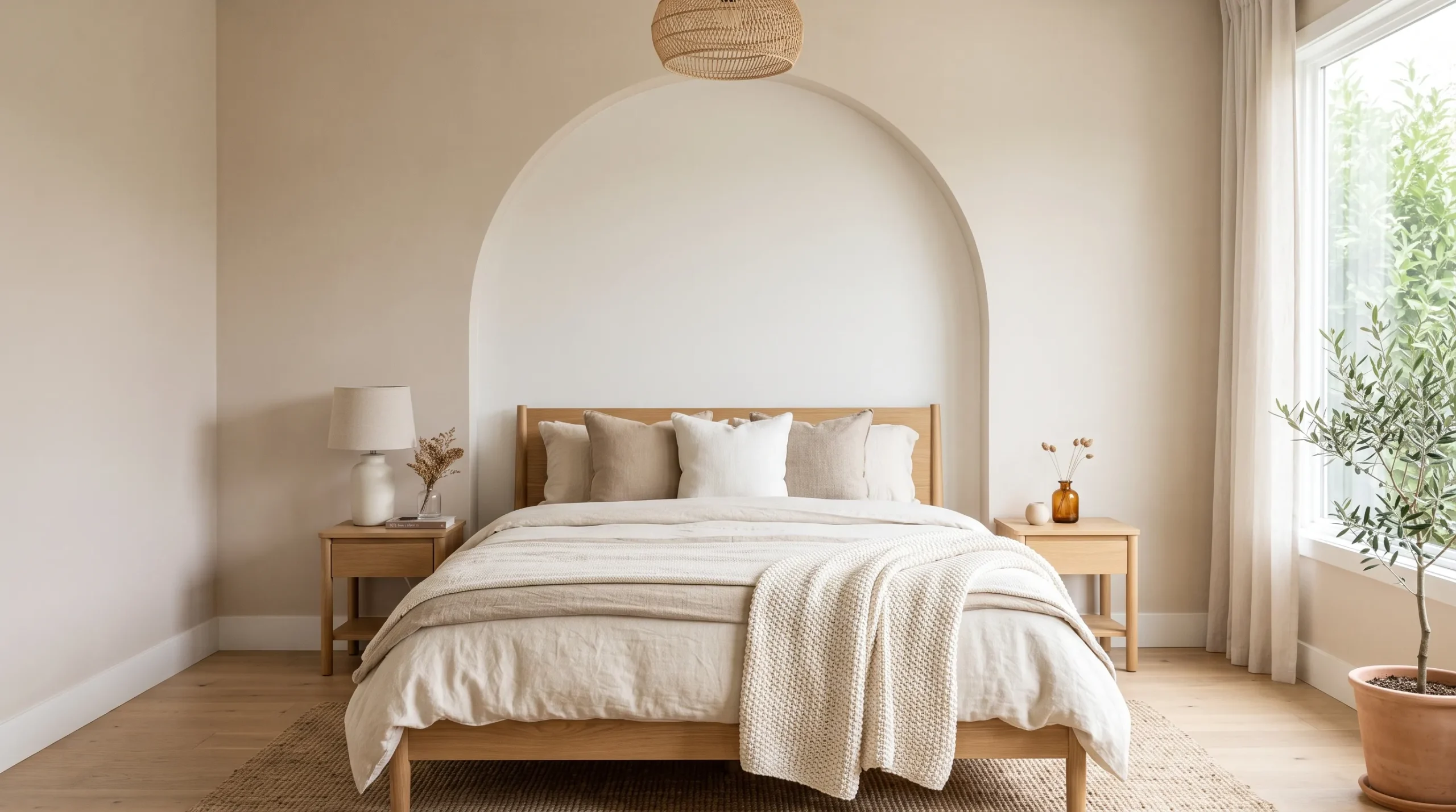 painted arch behind modern bed
