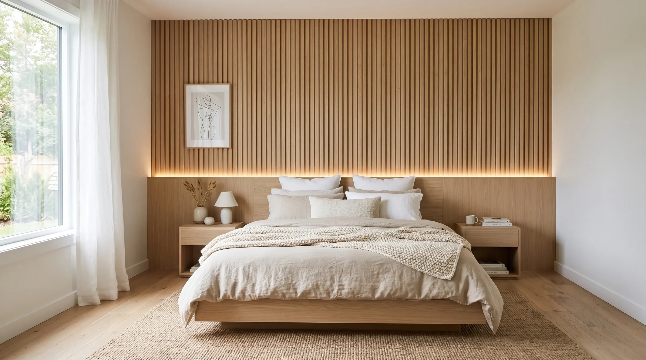 modern vertical wood slat headboard