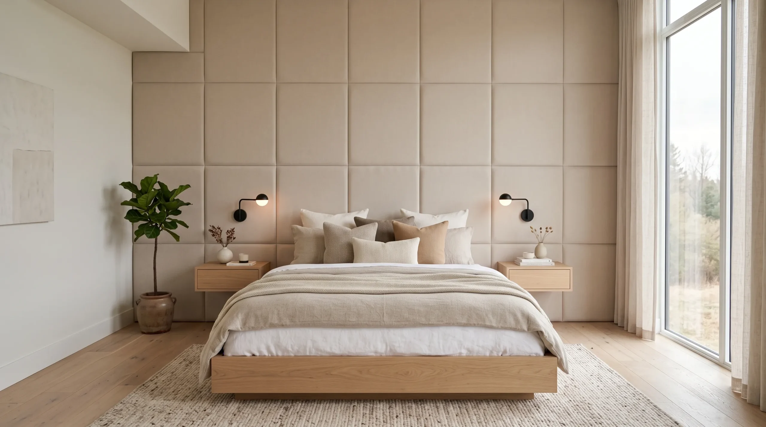 beige upholstered panel headboard wall