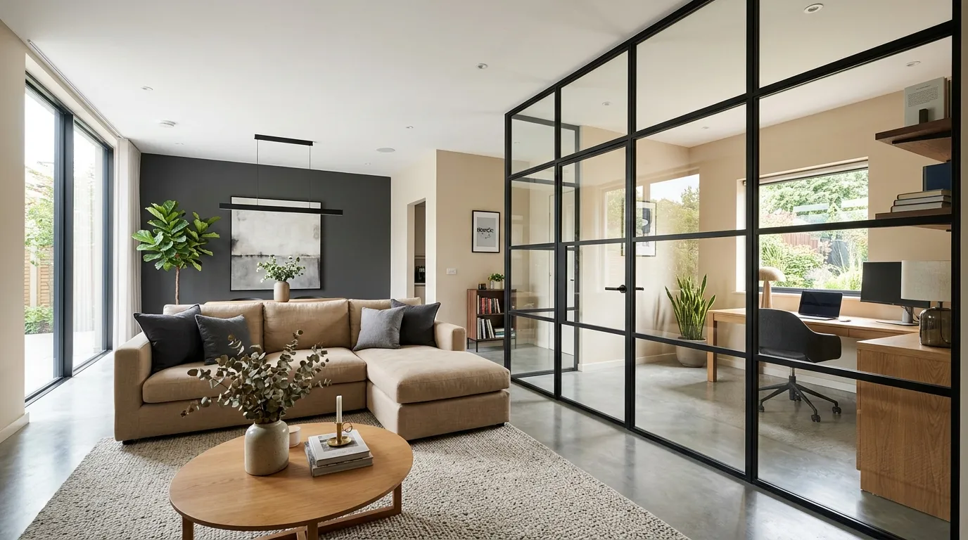 glass partition ideas Black Framed Dividers