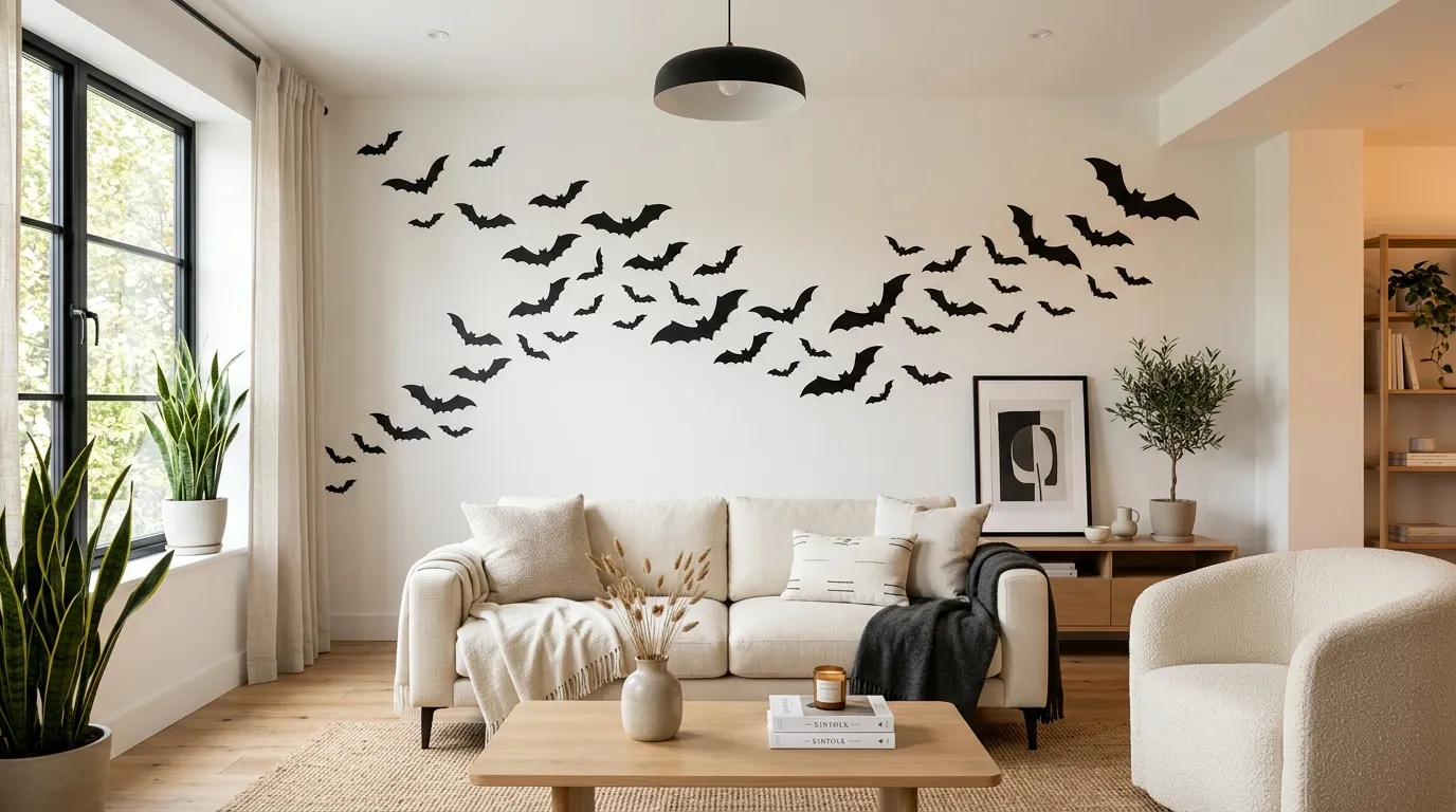 black bat decals on modern white wall