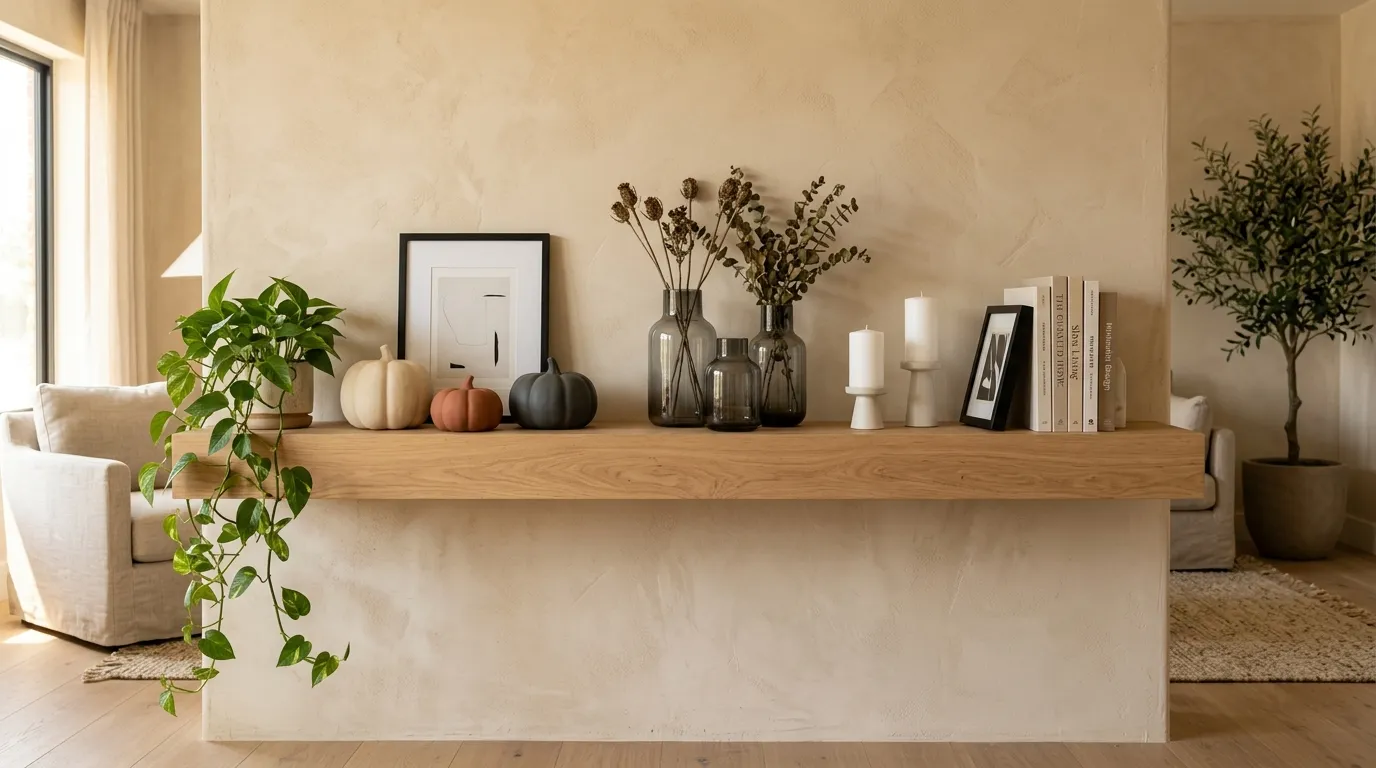 modern floating shelves with Halloween décor