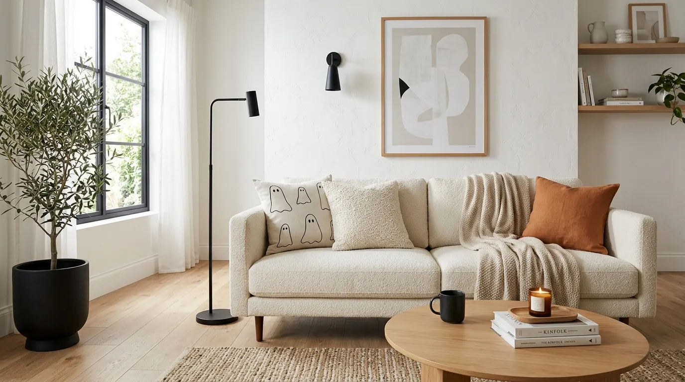 modern sofa with ghost accent pillows