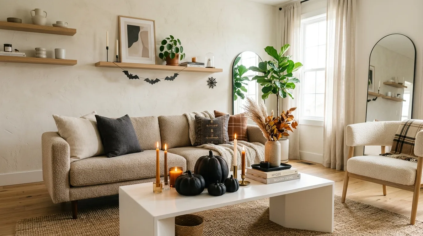 matte black pumpkins on modern coffee table