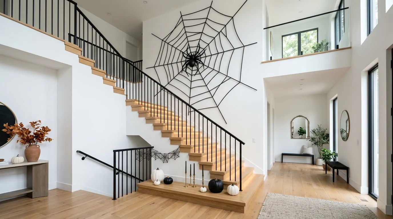 modern staircase with oversized spider web décor
