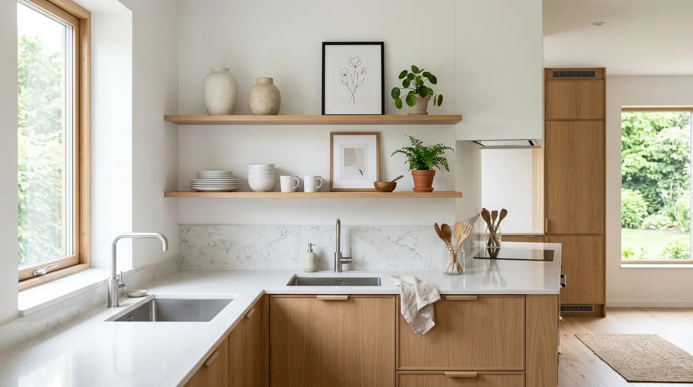 floating oak shelves with modern decor