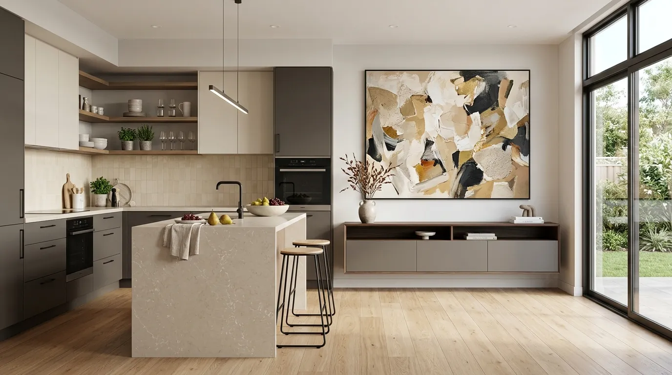 large abstract artwork in modern kitchen