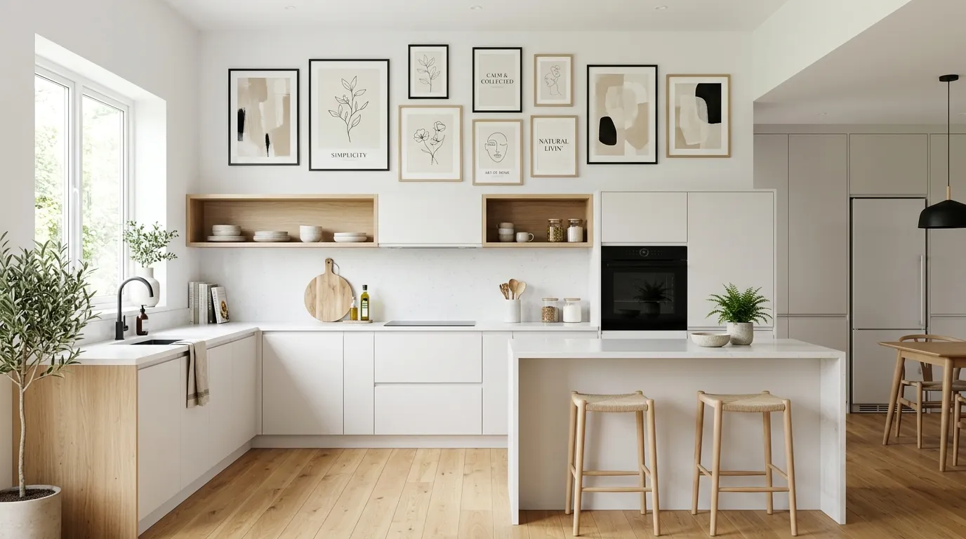 modern neutral kitchen gallery wall