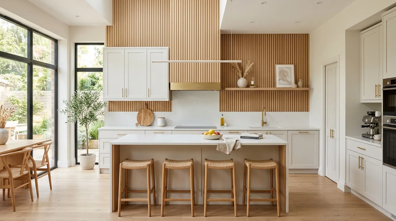 modern oak slat kitchen feature wall