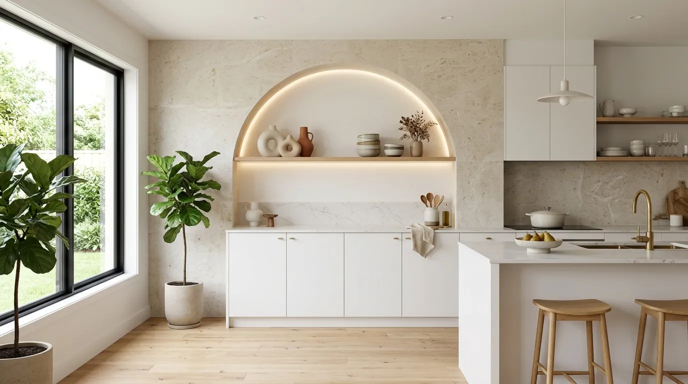 illuminated arched kitchen wall niche