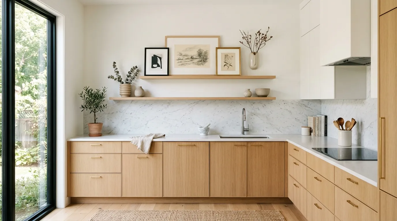 floating ledge with layered kitchen artwork