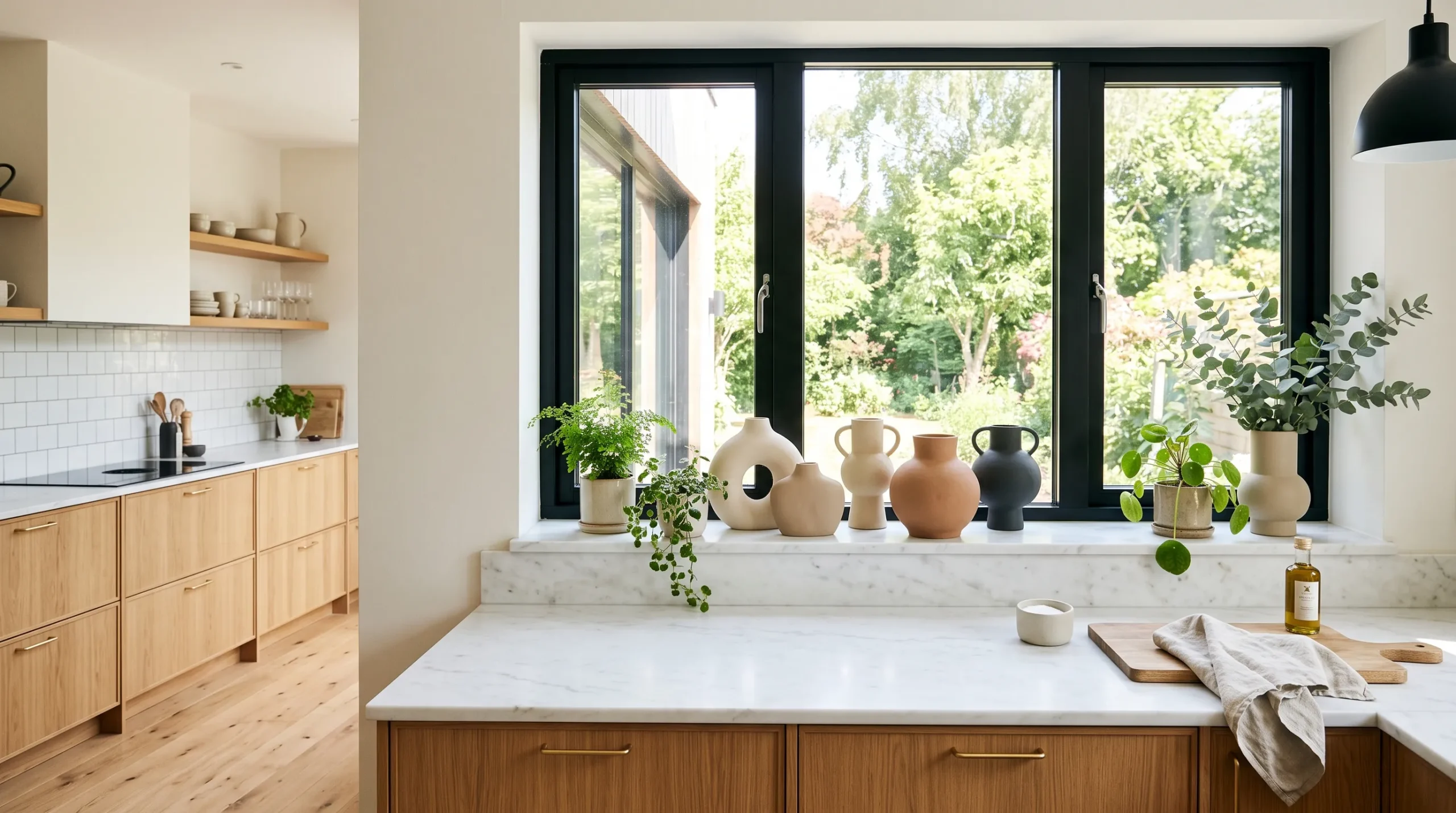 Neutral ceramic vases on modern window sill