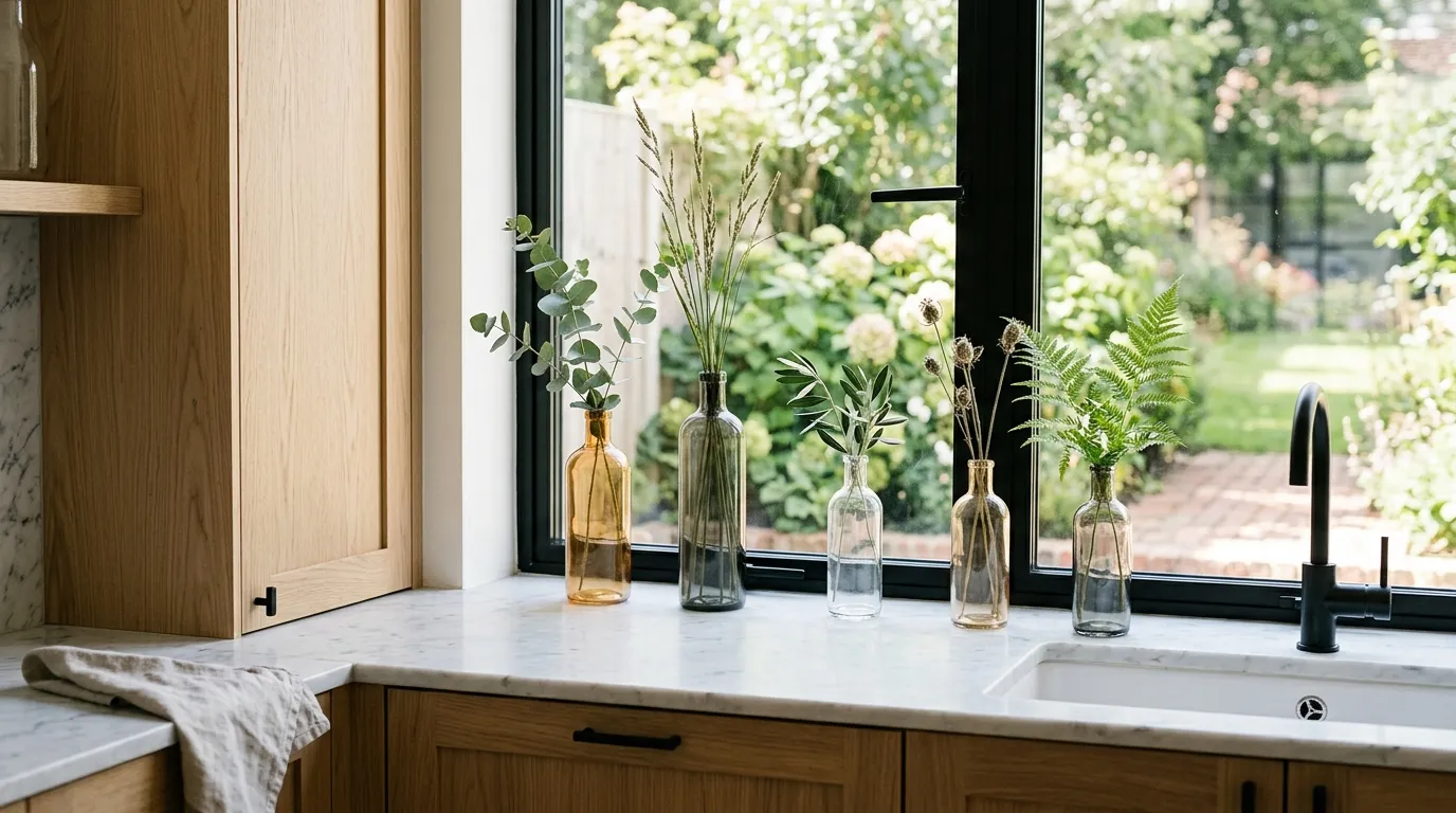 Decorative glass bottles on modern kitchen window sill