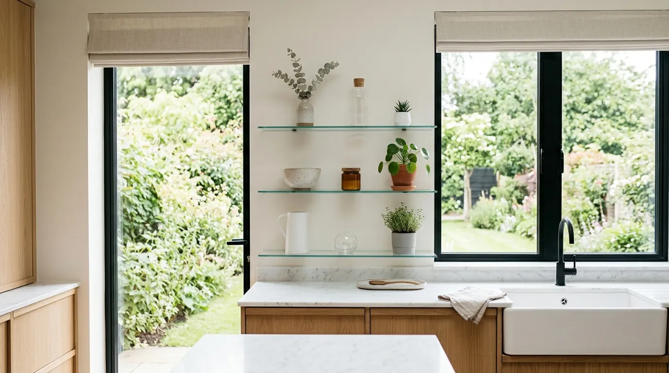 Floating glass shelves above kitchen window sill