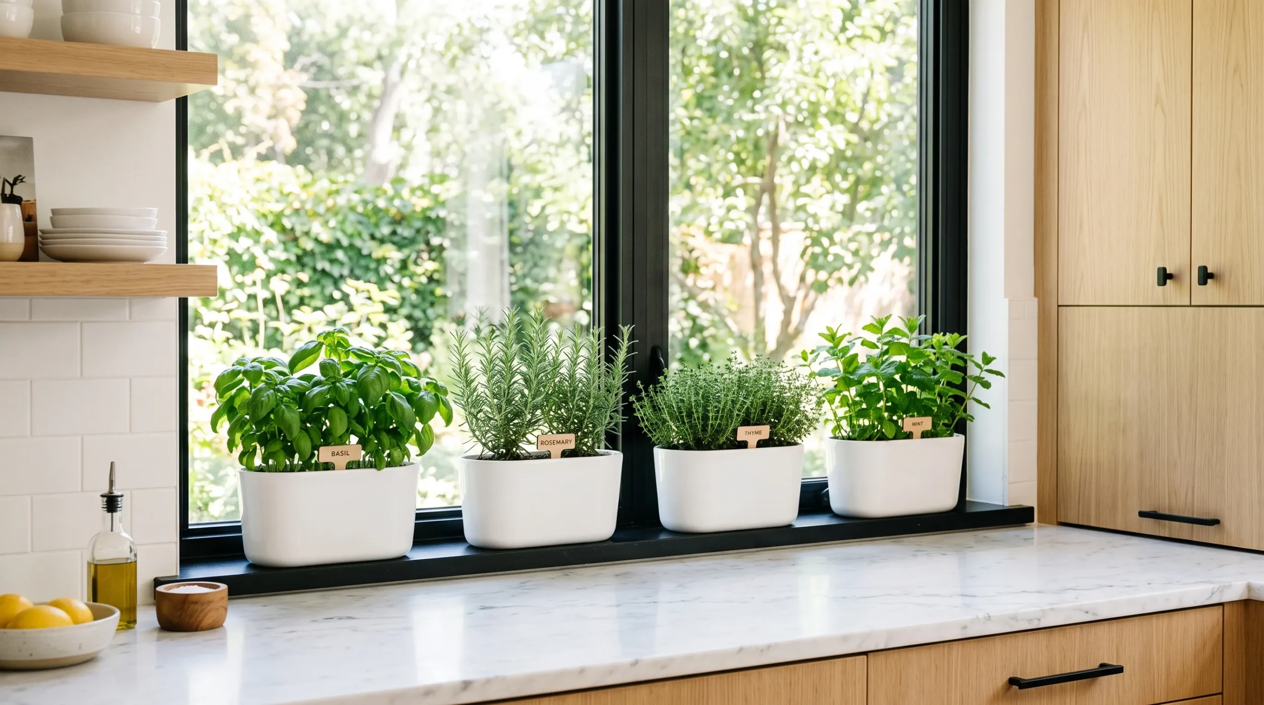 Fresh herbs growing on modern kitchen window sill