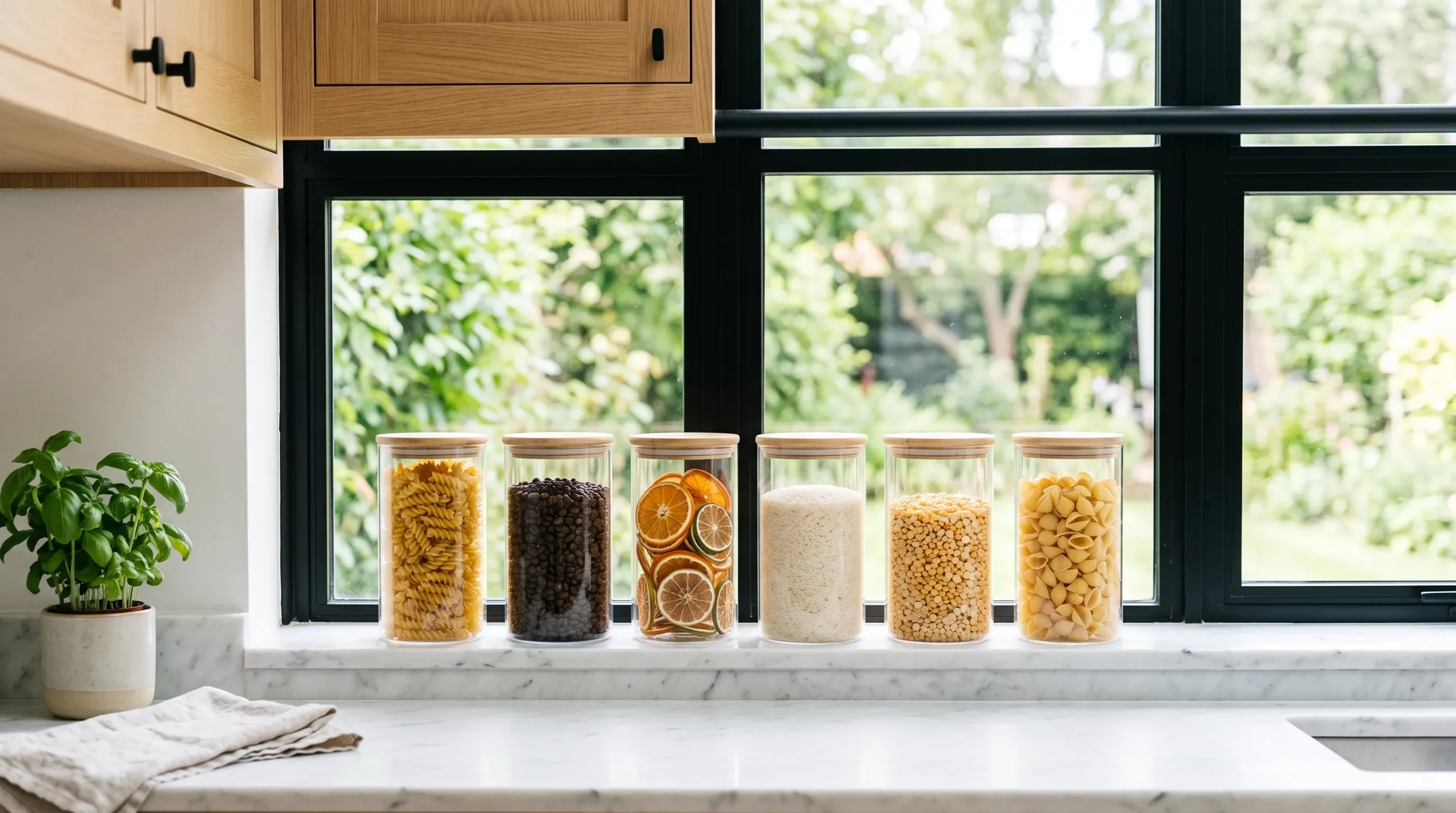 Clear glass jars on stylish kitchen window sill