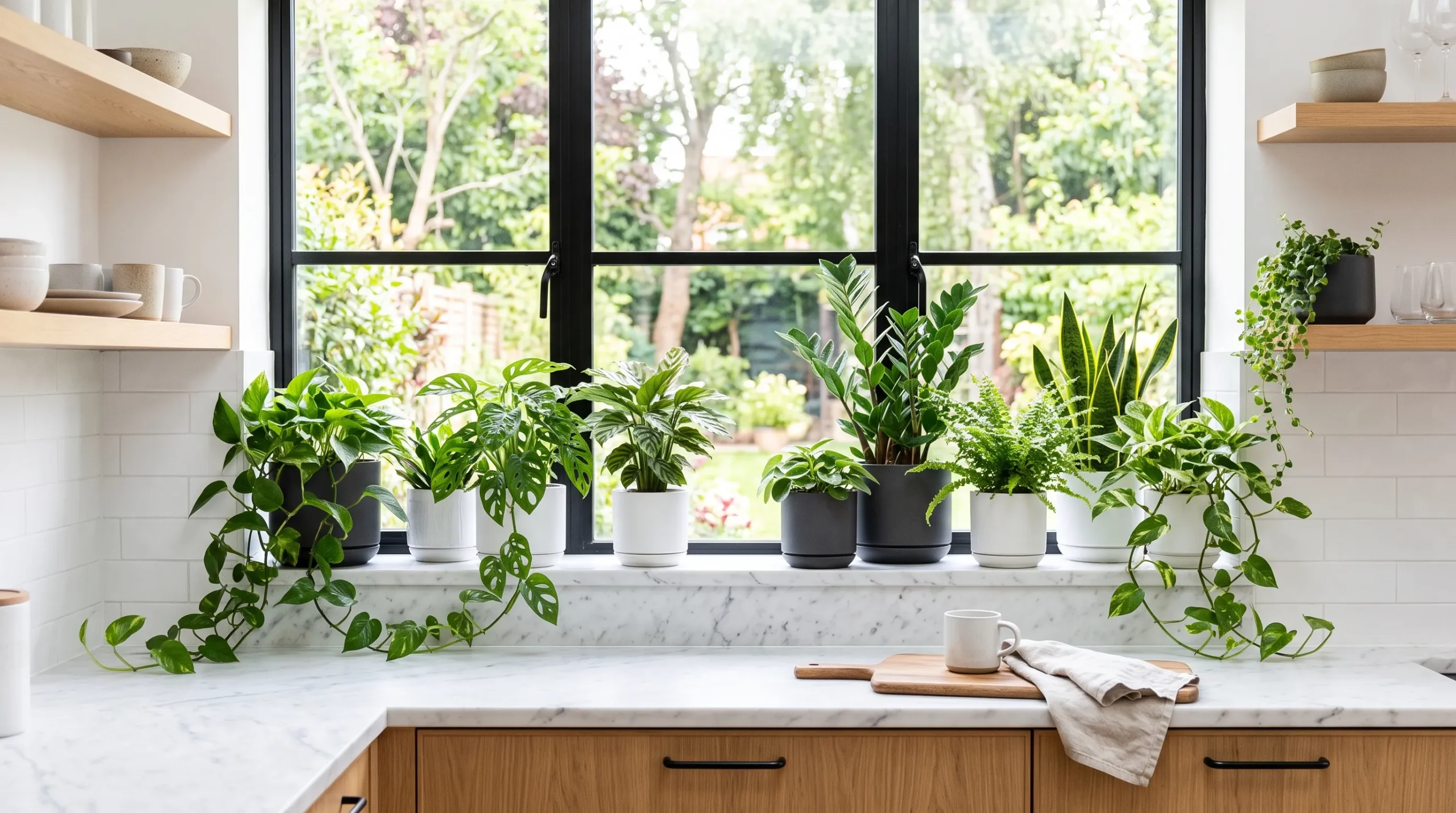 Modern layered plants on kitchen window sill
