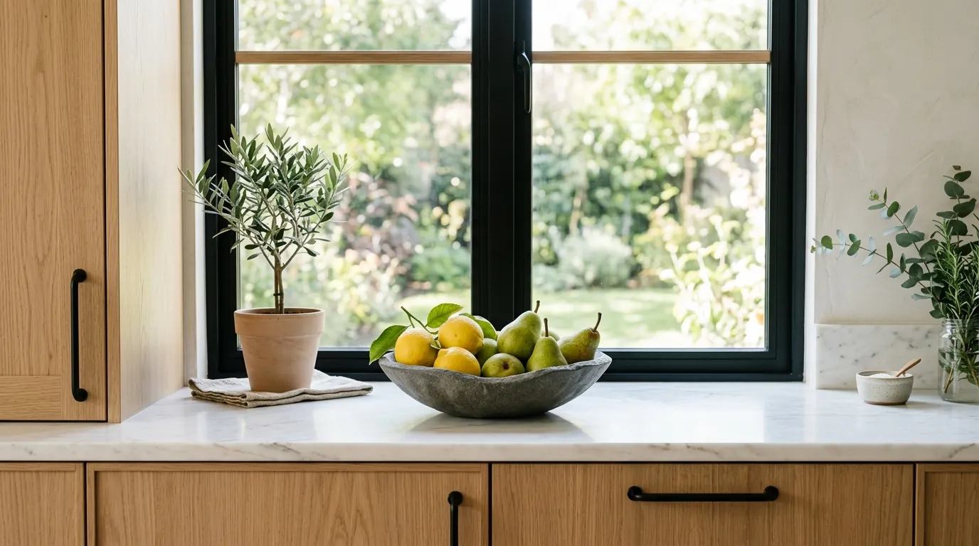 Modern fruit bowl on kitchen window sill