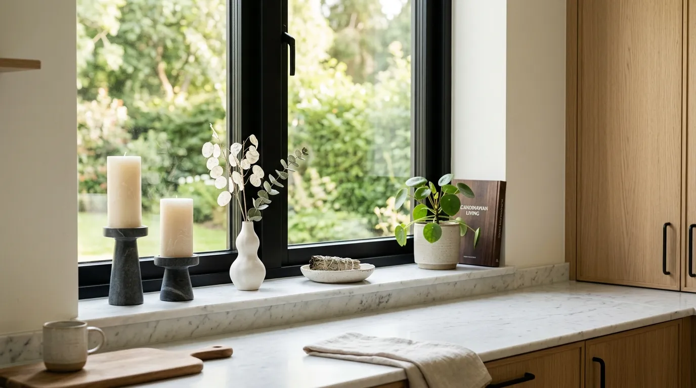 Modern sculptural candles on kitchen window sill