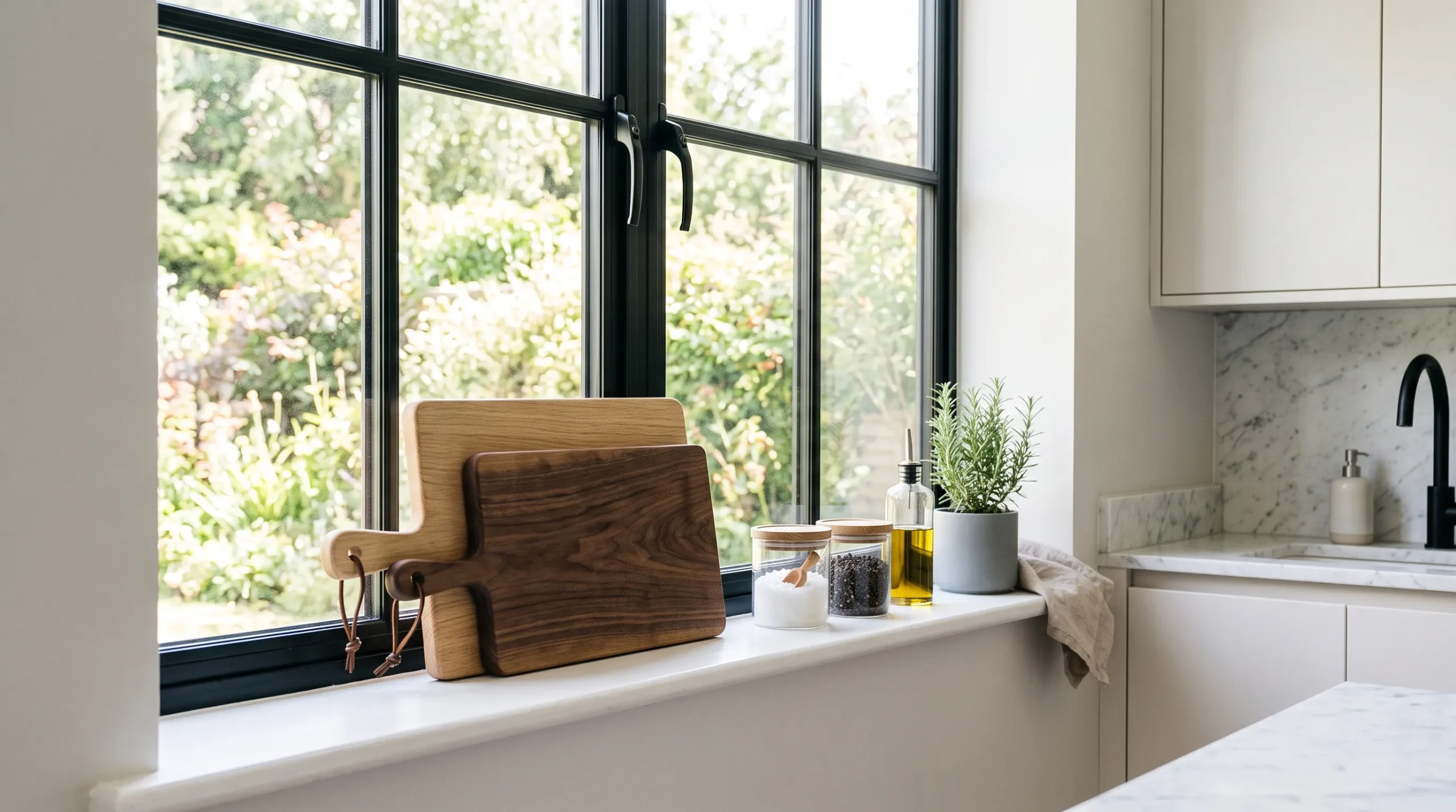 Layered wooden cutting boards by kitchen window
