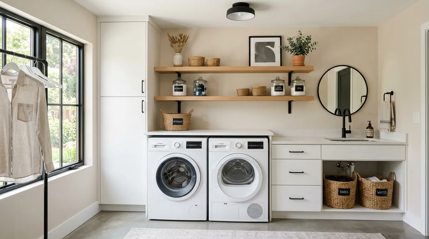 laundry room makeover on a budget Floating Wood Shelves