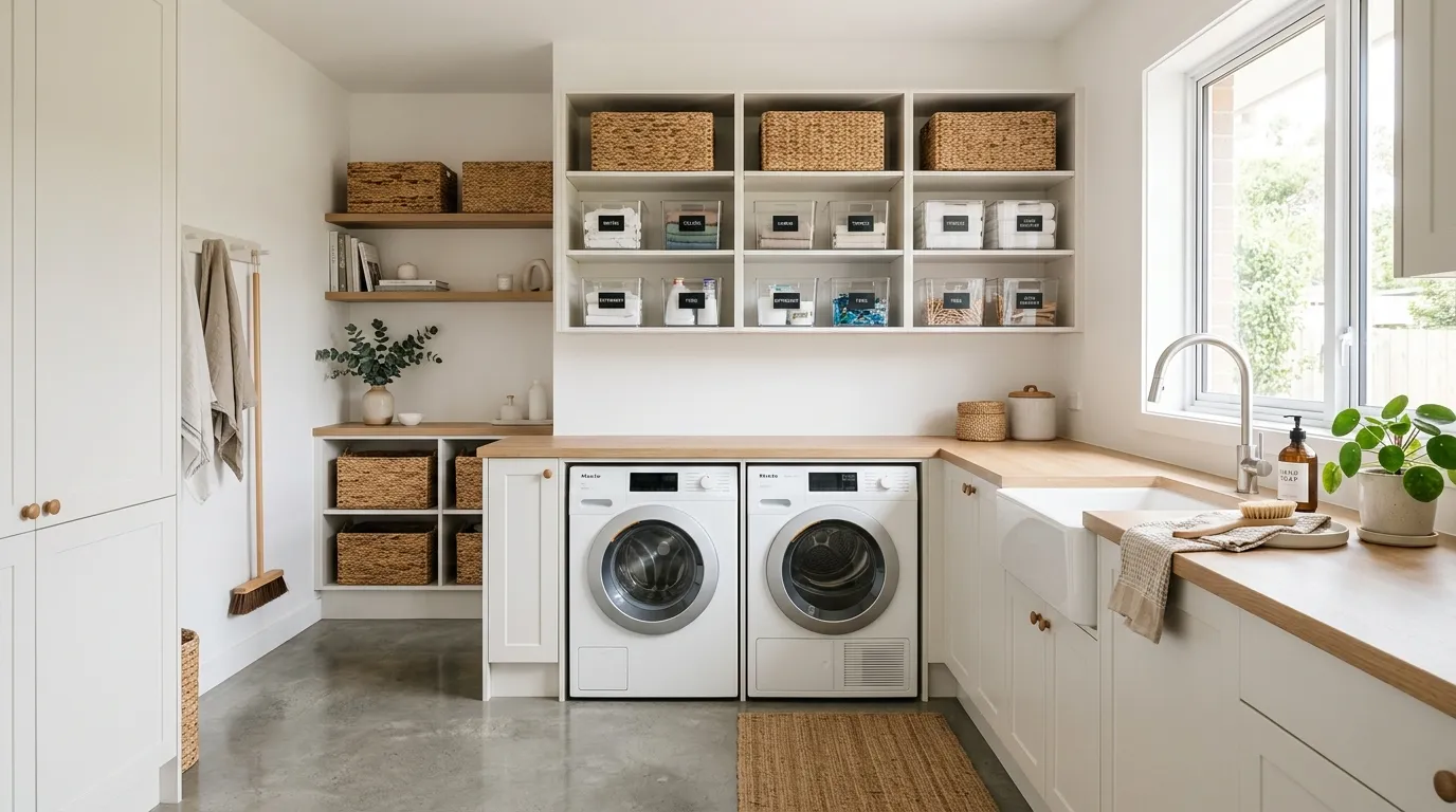 labeled baskets on modern laundry shelves