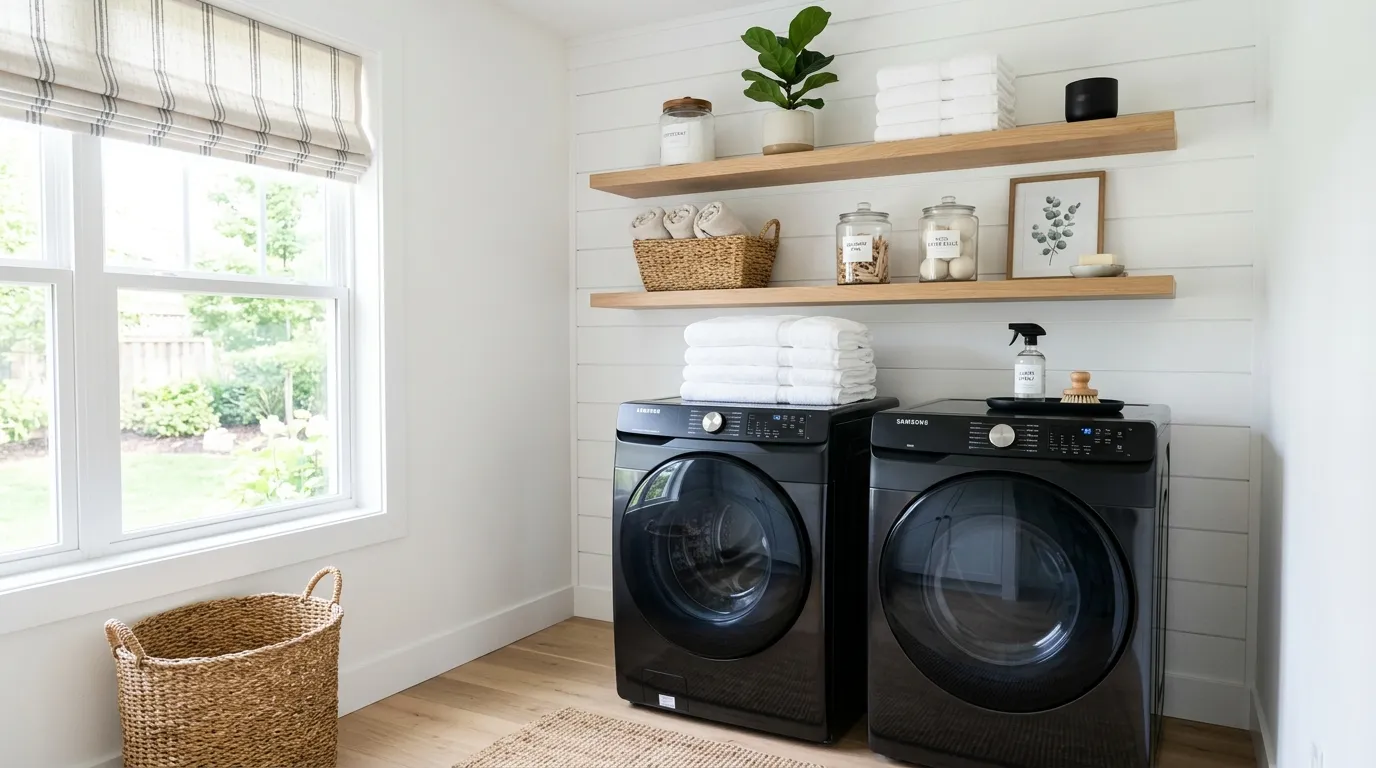 floating shelves above modern laundry machines