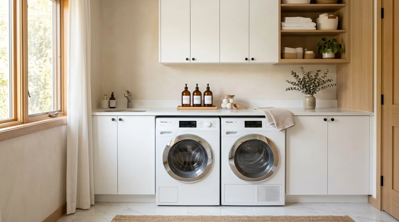 white quartz countertop over laundry appliances