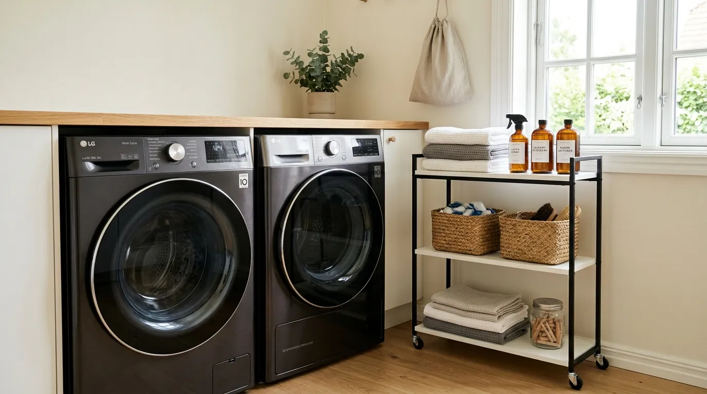 slim rolling cart beside laundry machines