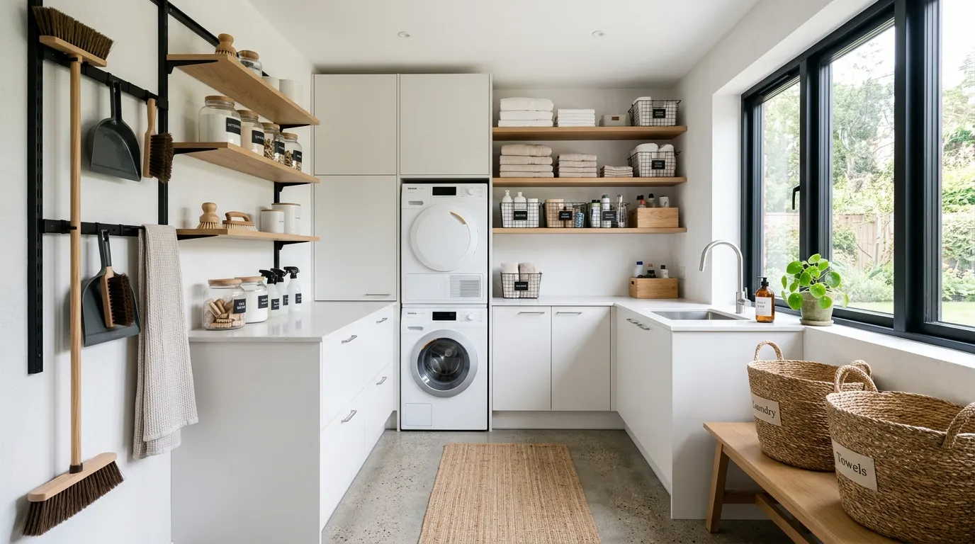 vertical wall storage in modern laundry room