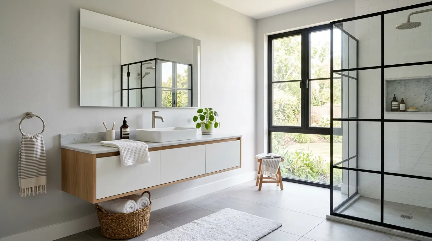 floating vanity in modern grey bathroom