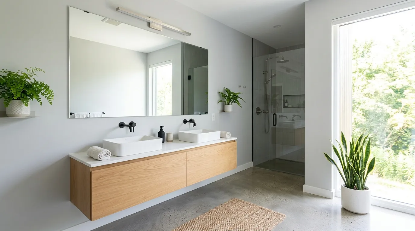 oversized frameless mirror above vanity