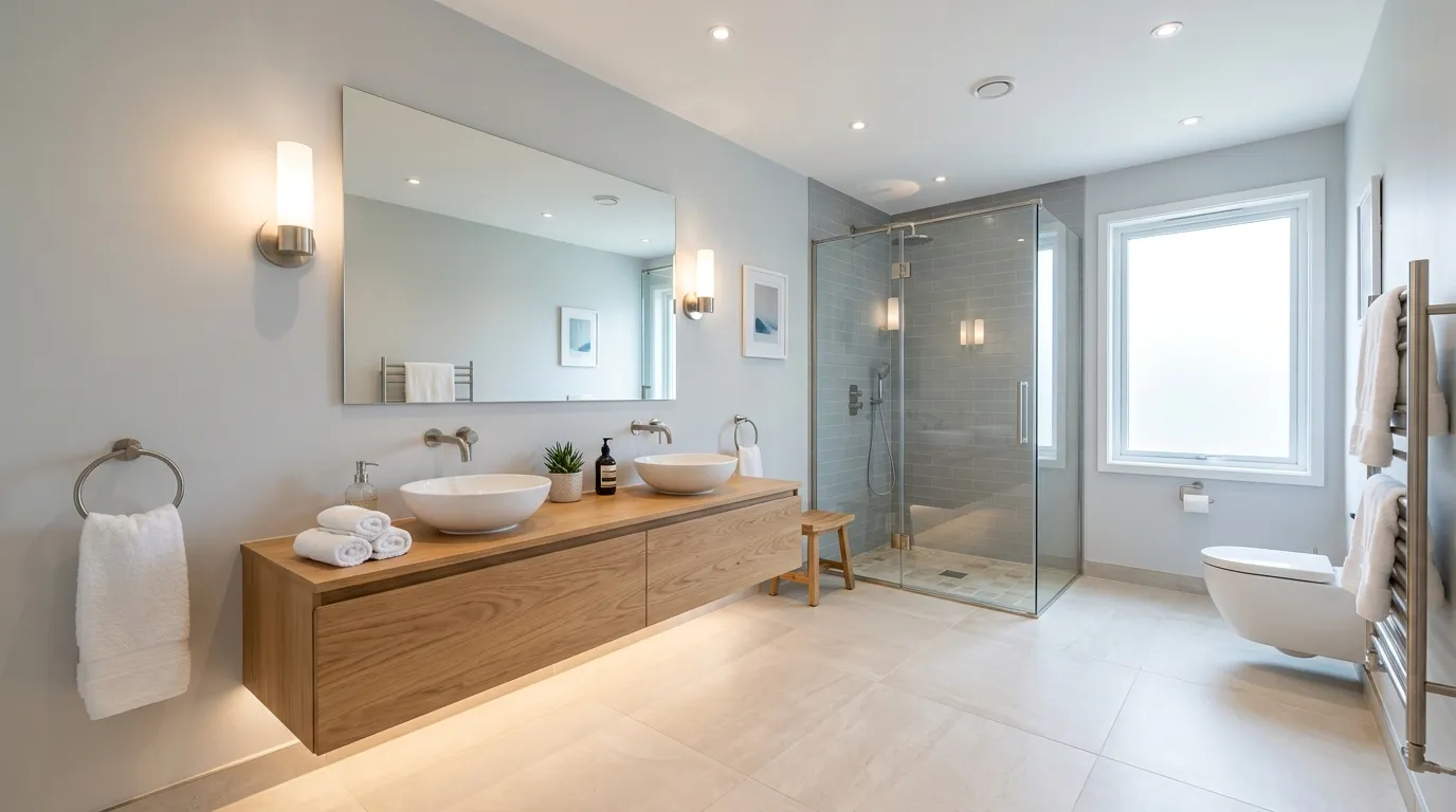 modern bathroom with layered lighting design