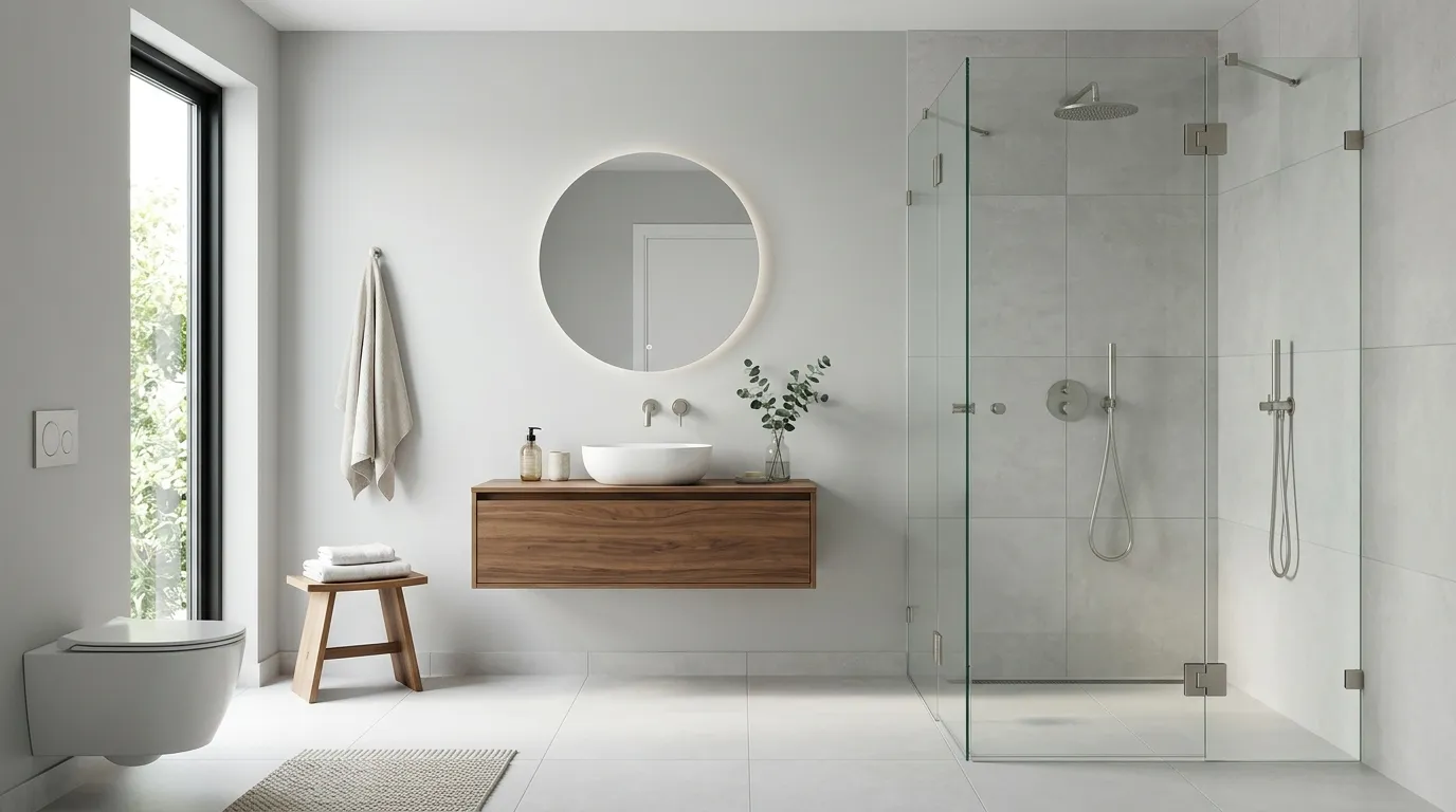 frameless glass shower in grey bathroom