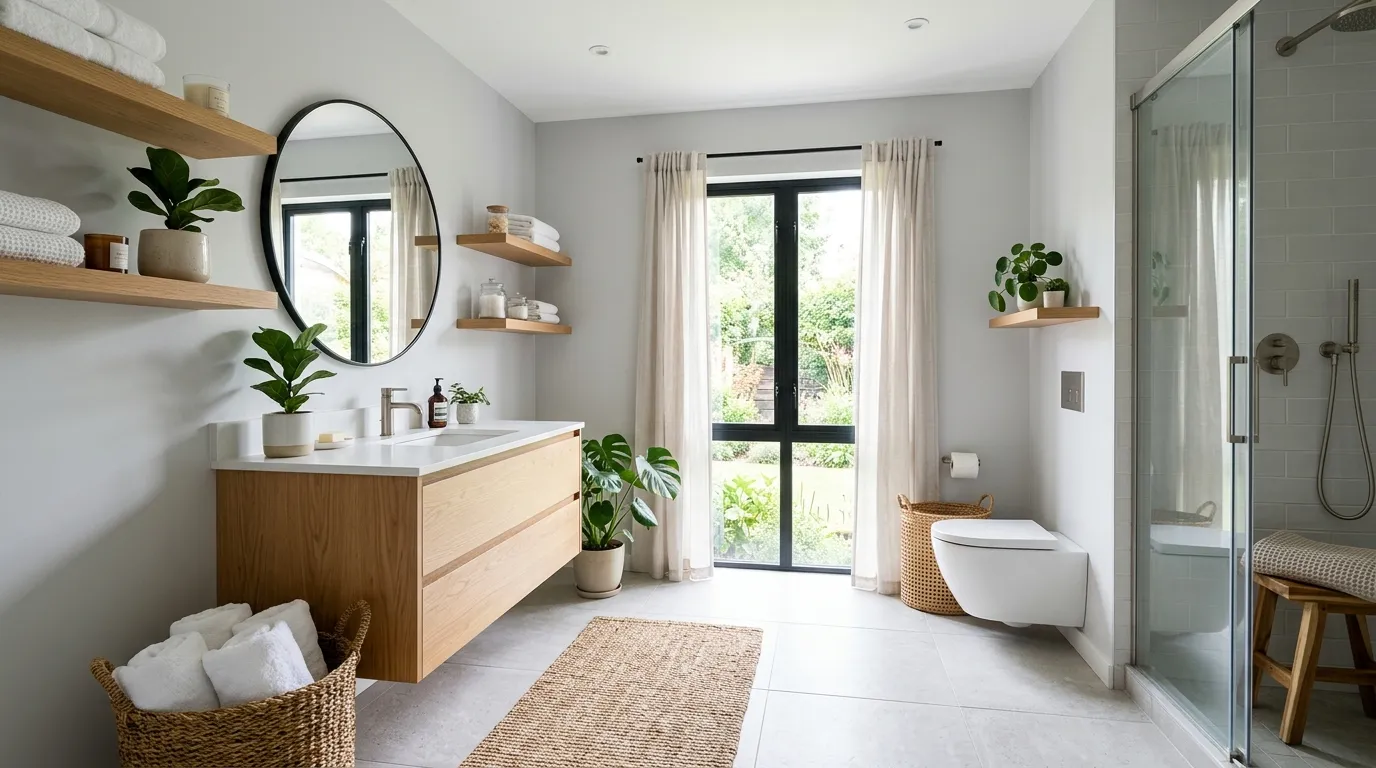 light wood accents in grey bathroom