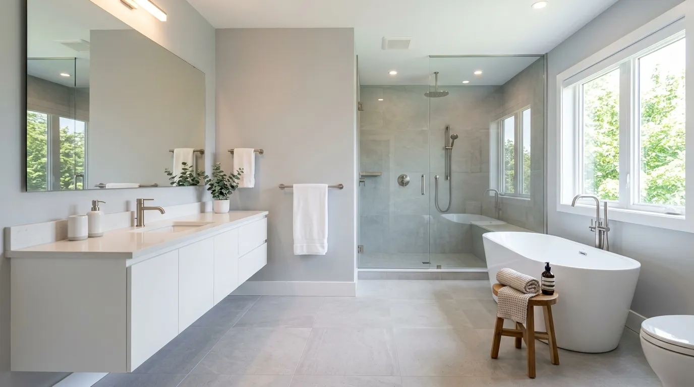 brushed nickel fixtures in grey bathroom
