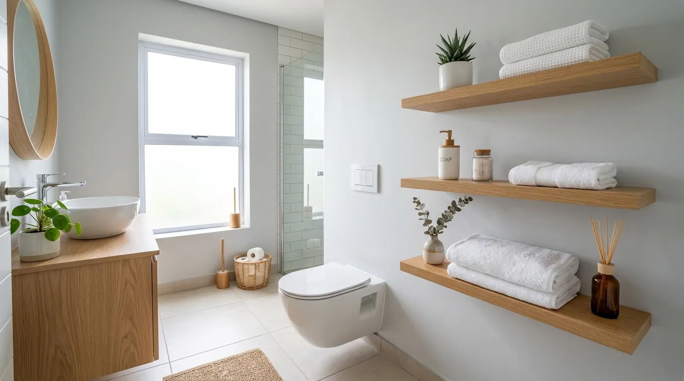 floating wood shelves in grey bathroom