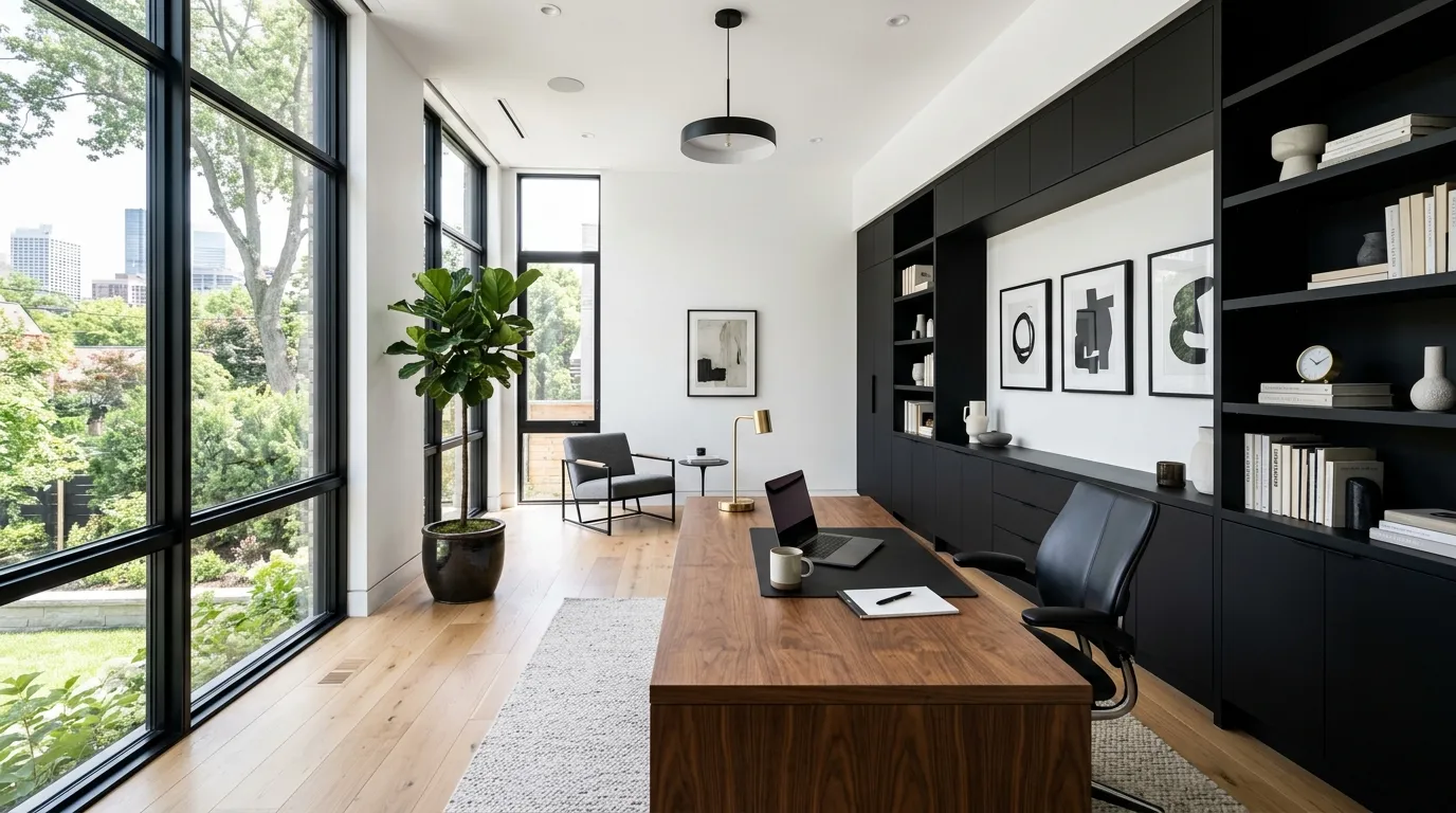 crisp white office with black accents