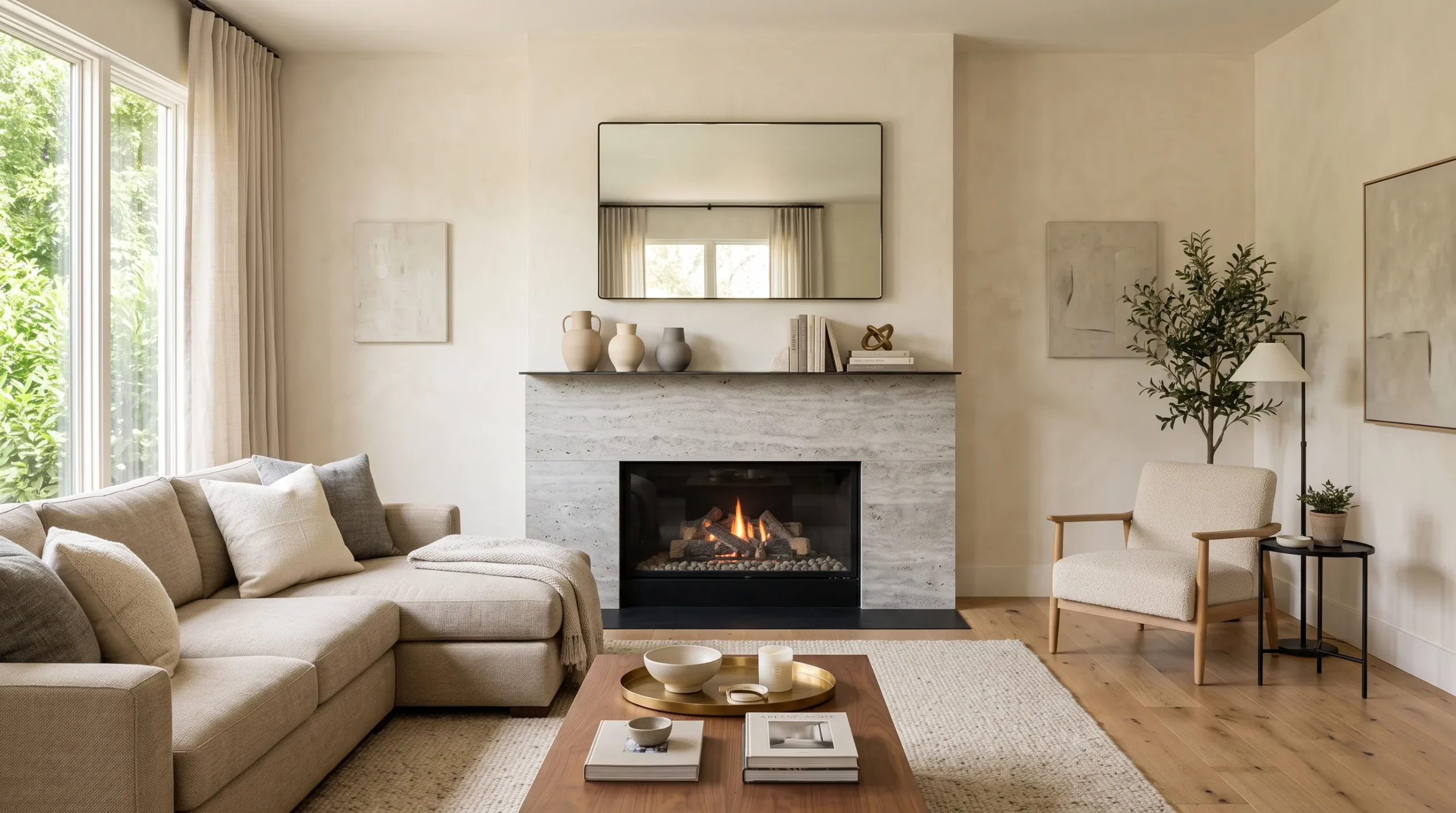 modern mirror above minimalist fireplace