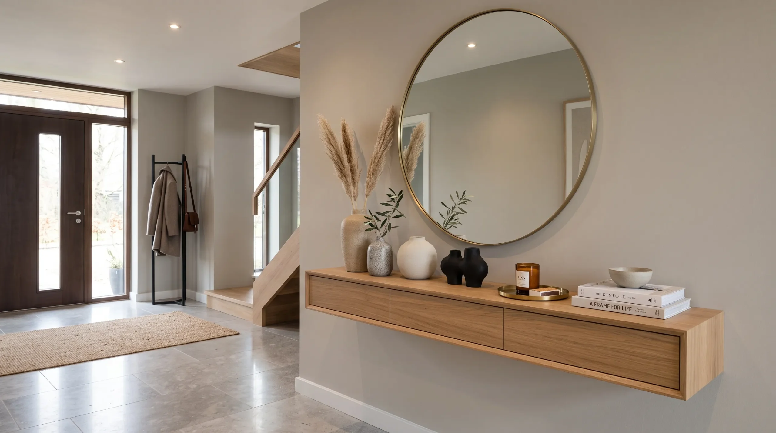 floating console beneath round wall mirror