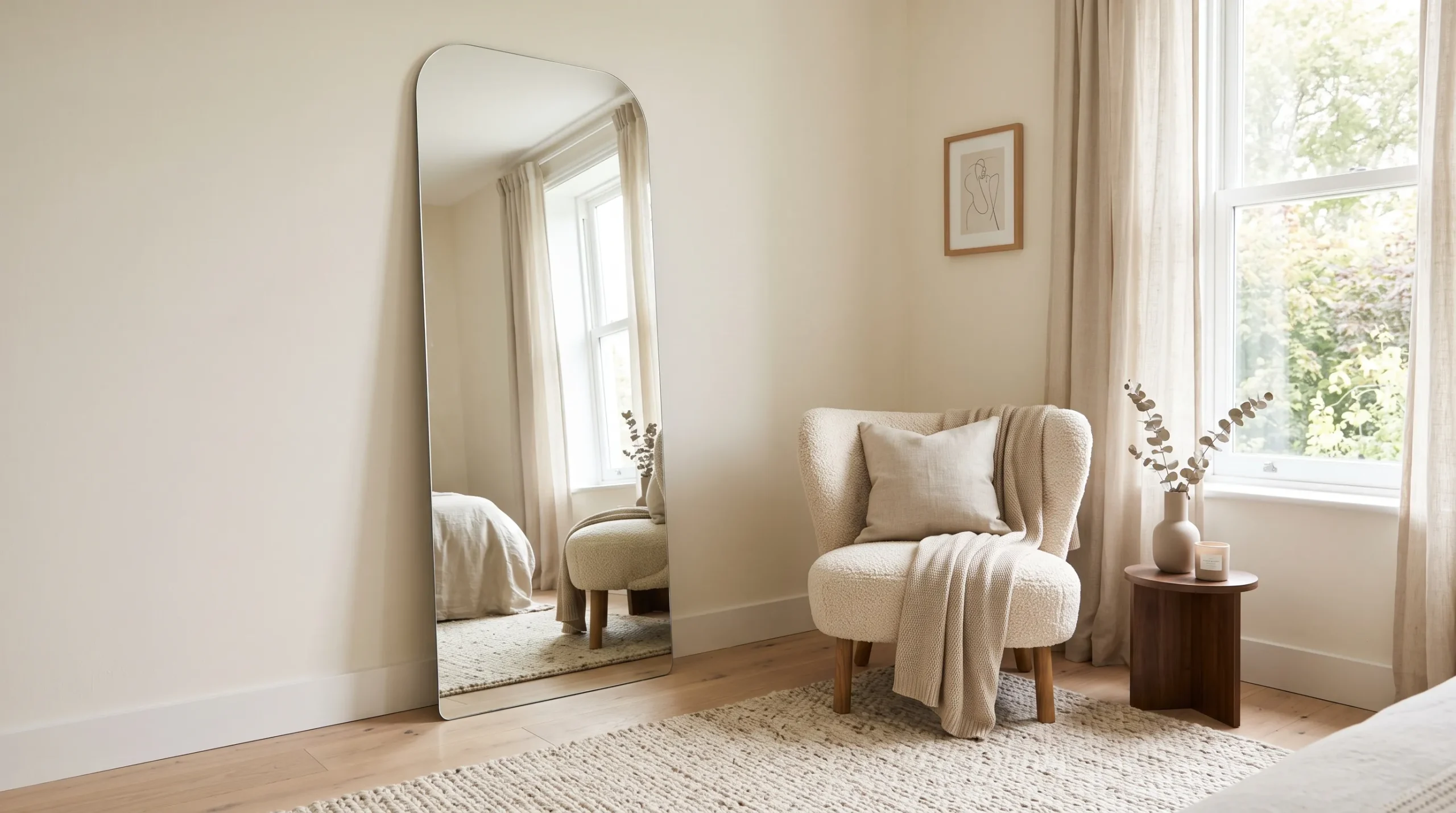 tall frameless floor mirror in bedroom