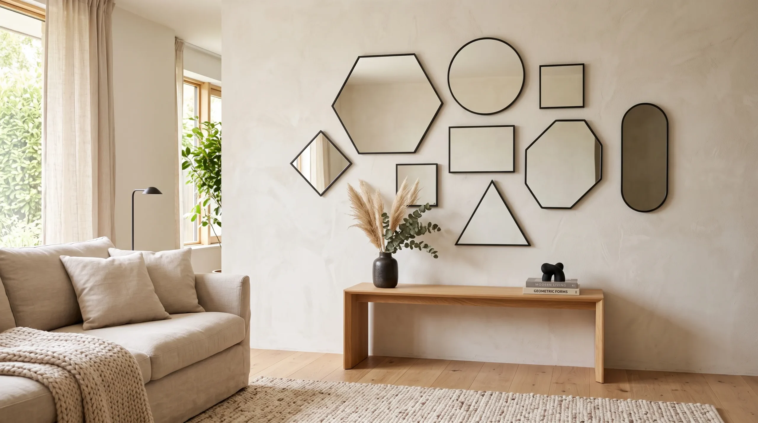 geometric mirror gallery on neutral wall