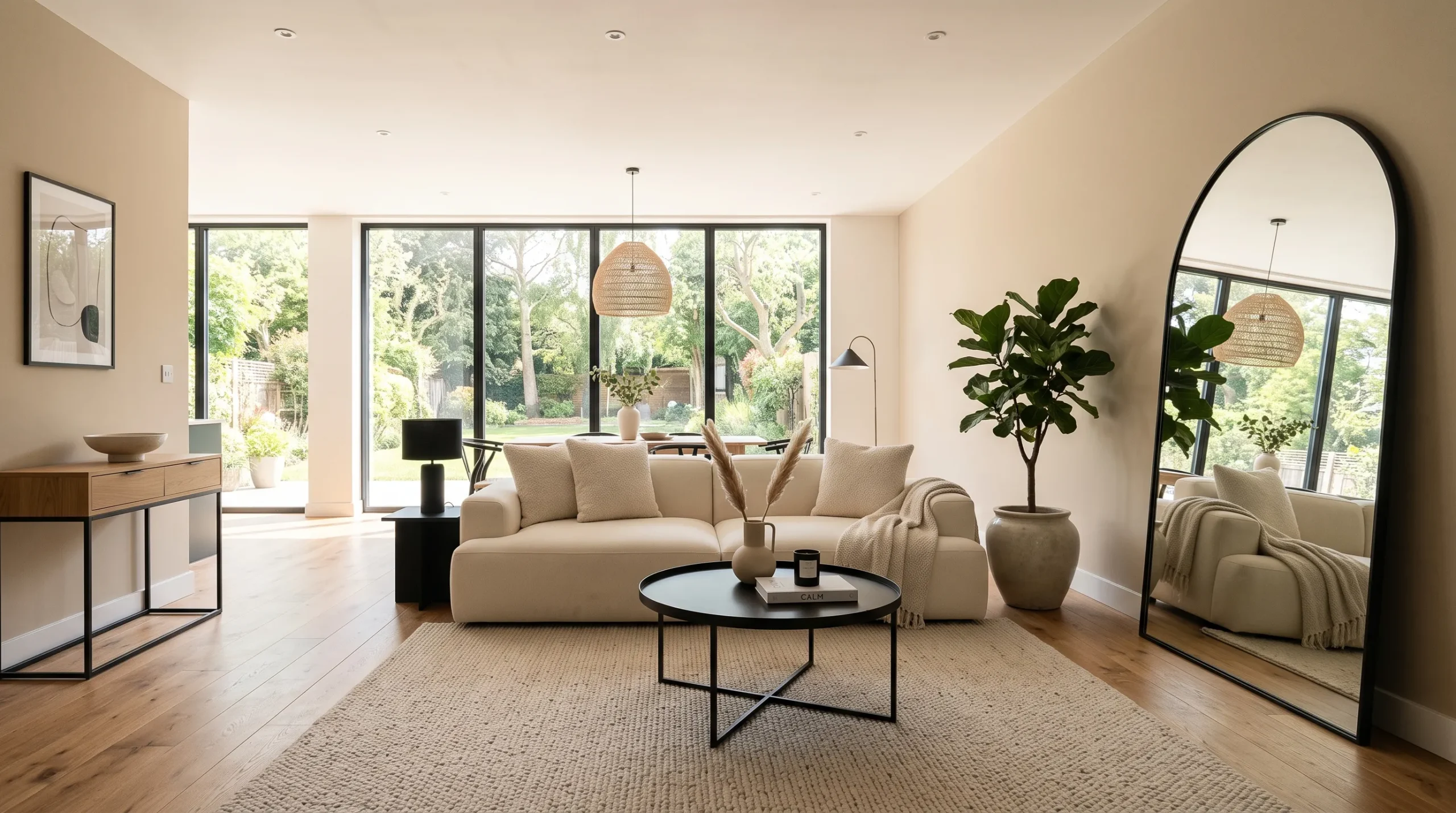 oversized arched mirror beside modern sofa