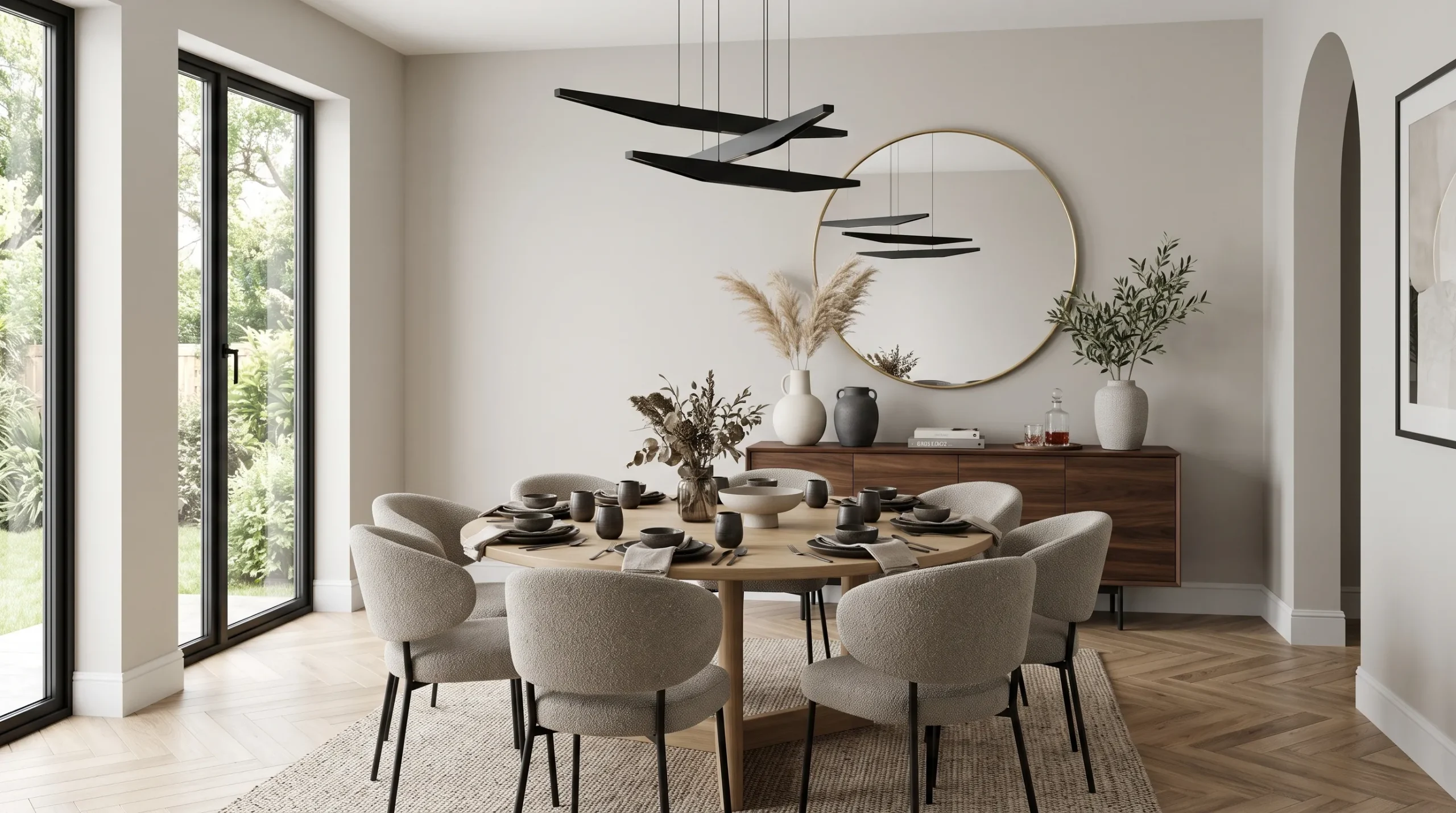 round mirror above modern dining sideboard