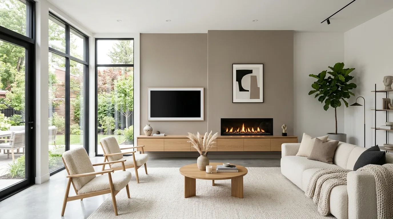 sleek linear fireplace with floating media console