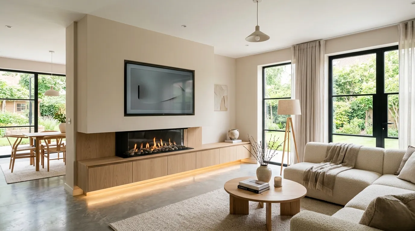 floating media wall with built in fireplace