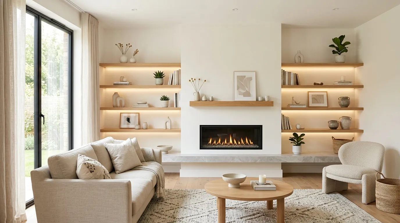 built in shelves around fireplace