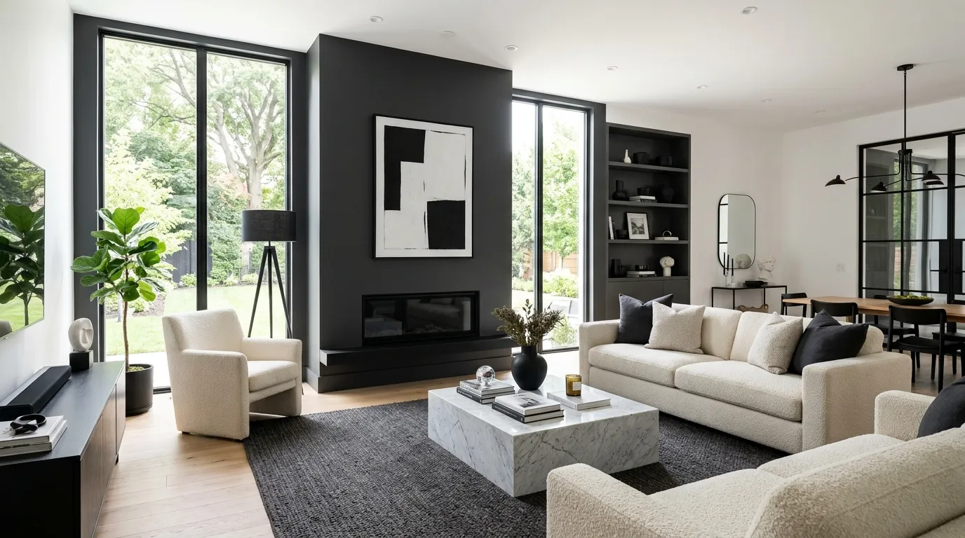 black fireplace with white modern interior