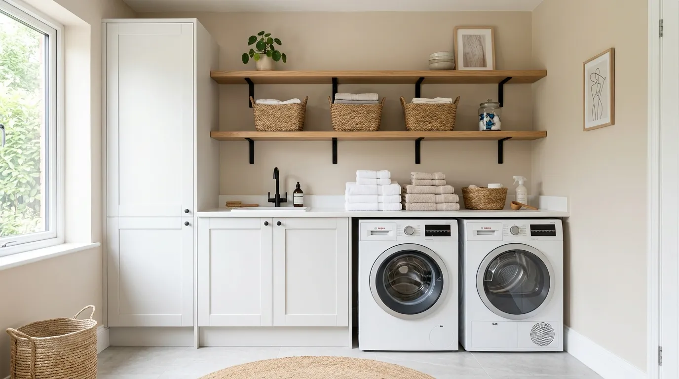 modern laundry room ideas Floating Wood Shelves